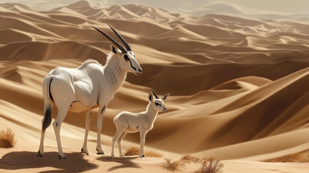 A young Arabian oryx standing beside its mother, both gazing into the distance across the vast, sandy dunes of the Dubai Desert.の素材