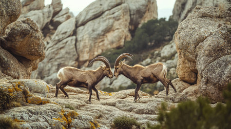 Two male ibexes engaged in a fierce fight for dominance, with their powerful bodies and horns clashing against the unique rocky formations of El Torcal, Antequera.の素材