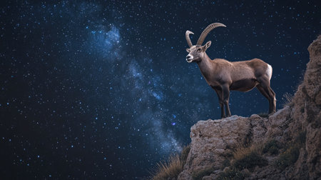 A male Iberian ibex standing confidently on a cliff edge, framed by the starry night sky over the Sierra de Gredos.の素材