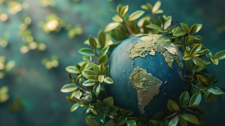 Stylized 3D rendering of a globe with green foliage, emphasizing global conservation with this inviting photo.の素材