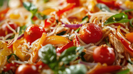 Close-up 3D render of Som Tum Thai - Papaya Salad with Grilled Chicken, focusing on the detailed textures and vibrant ingredients with this inviting photo.の素材