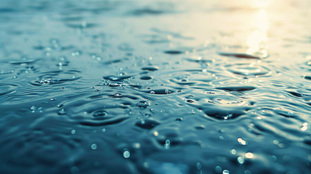 Sparkling water droplets on a flat surface, set against a gentle water background. Excellent for text copy space and refreshing design concepts.の素材