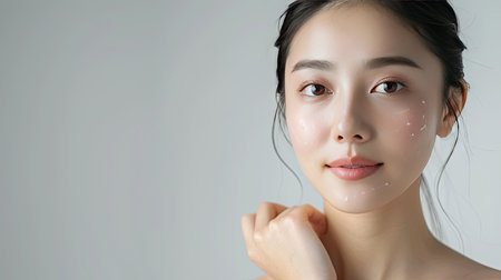 Beautiful young Asian woman with fresh, clear skin on a white background. Face care and spa treatment theme. Plenty of space for text on the right.の素材