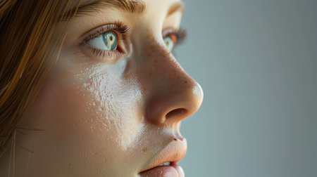 Ultra-detailed 3D render of a woman's face, focusing on the beauty of her nose and the harmonious facial features with this inviting photo.の素材