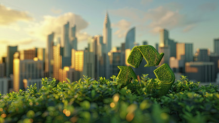 Modern 3D illustration of a city skyline with green energy symbols, promoting sustainability with this inviting photo.の素材