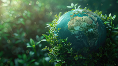 Stylized 3D rendering of a globe with green foliage, emphasizing global conservation with this inviting photo.の素材