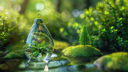 Stylized 3D image of a water droplet containing a miniature ecosystem, highlighting water conservation efforts with this inviting photo.の素材