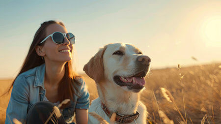 Woman and Labrador Retriever dog enjoying a sunny day, with clear space for text on the side. -の素材