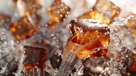 Ultra-high-definition 3D render of a cola stream cascading over ice cubes, emphasizing the refreshing and fizzy texture with this inviting photo.の素材
