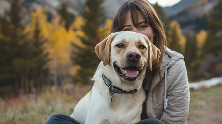 Woman and her Labrador Retriever dog sitting together, both looking happy. Room for text on the right.の素材