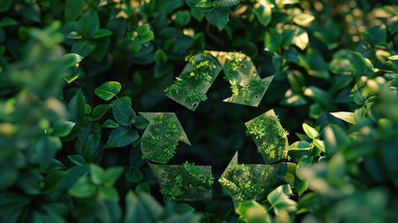 Stylized 3D rendering of a recycling symbol surrounded by green foliage, emphasizing recycling practices with this inviting photo.の素材