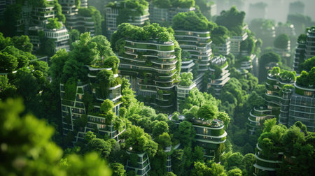 Stylized 3D rendering of a city with green buildings and trees, emphasizing urban sustainability with this inviting photo.の素材