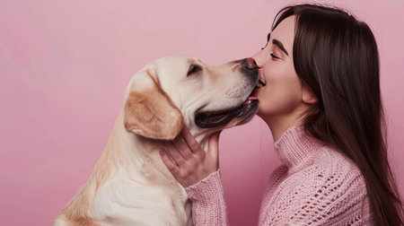 Woman and Labrador Retriever dog enjoying a moment together, with clear space for text on the pink background.の素材