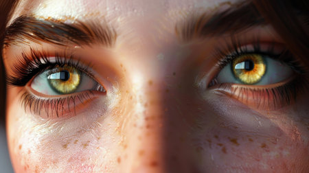 Ultra-detailed 3D render of a beautiful woman's face, focusing on her vibrant eyes and smooth complexion with this inviting photo.の素材