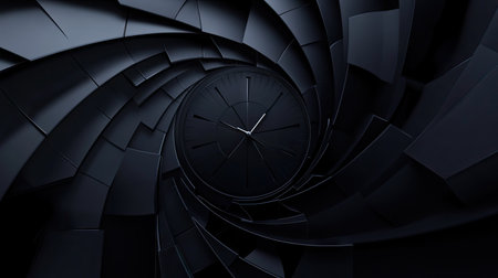Abstract fractal design with a black clock face spiraling infinitely, symbolizing the never-ending passage of time.の素材