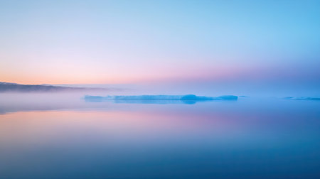 A tranquil morning at Jkulsrln Lagoon, with mist rising above the water and blue icebergs reflecting the soft pastel colors of dawn.の素材