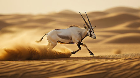 An Arabian oryx trotting through the desert, the warm desert sands swirling around its hooves as it moves in the early morning light.の素材