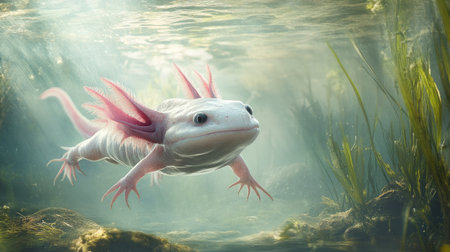 An axolotl swimming gracefully in a clear, shallow lake, its delicate pink gills and unique features glowing underwater.の素材