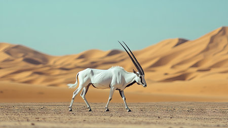 An Arabian oryx walking through the arid desert, its long, curved horns and sleek white coat making it stand out against the vast landscape.の素材