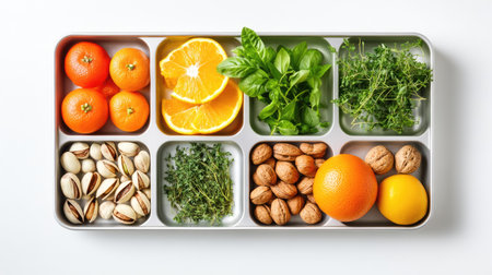 An organized tray displaying separated bio-waste items like orange peels, nut shells, and herb trimmings, isolated on white.の素材