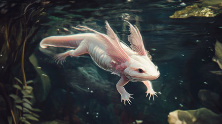 An axolotl swimming in a clear freshwater pool, its delicate gills and pale pink body glowing against the dark underwater background.の素材