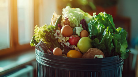 An open trash can showcasing bio trash, including wilted lettuce, apple cores, and eggshells, in a brightly lit room.の素材