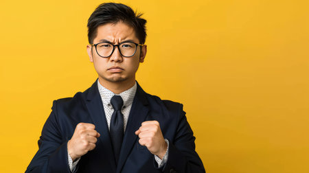 Young Asian man in a suit, wearing glasses, with an angry expression and clenched fists. Room for text on the left.の素材