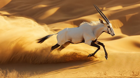An Arabian oryx trotting through the desert, the warm desert sands swirling around its hooves as it moves in the early morning light.の素材