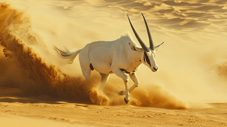 An Arabian oryx trotting through the desert, the warm desert sands swirling around its hooves as it moves in the early morning light.の素材