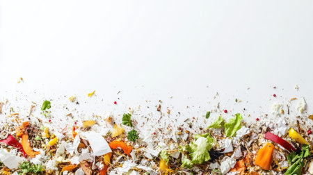 Close-up of shredded paper and organic waste being mixed for composting, placed against a clean white background.の素材