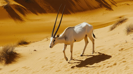 An Arabian oryx walking through a rare patch of green in the Dubai desert, showcasing the resilience of the species in its harsh environment.の素材