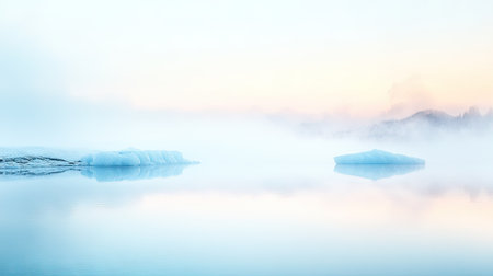 A tranquil morning at Jkulsrln Lagoon, with mist rising above the water and blue icebergs reflecting the soft pastel colors of dawn.の素材