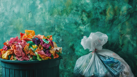 Close-up of colorful organic scraps inside a food waste bin, next to a full trash bag, with a textured green wall behind.の素材