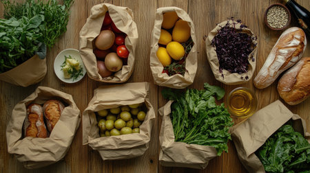 Flat lay of eco bags containing fresh fruits, vegetables, greens, bread, and oil, showcasing an eco-conscious approach to grocery shopping and healthy living.の素材