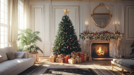Elegant living room interior with a beautifully decorated Christmas tree, gift boxes under the tree, and a fireplace adding warmth to the festive setting.の素材