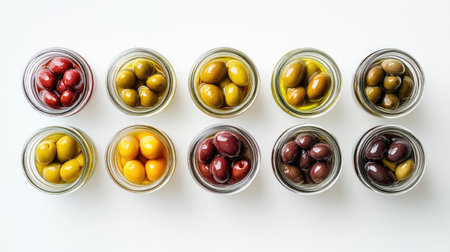 Top view of glass jars containing different pickled olives, isolated on a white background, perfect for showcasing various olive preservation methods.の素材
