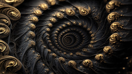 Black clock face spiraling endlessly in a fractal design, symbolizing the eternal flow of time and the concept of infinity.の素材
