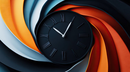 Creative time-related abstract banner featuring a black clock face, twisted in a spiral pattern to represent the infinite cycle of time.の素材