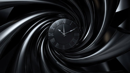 Creative banner design showing a twisted black clock face in a spiral pattern, representing the concept of infinity and the relentless flow of time.の素材