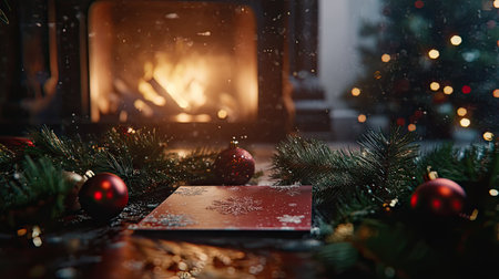 Close-up of a Christmas card surrounded by pine branches and ornaments, placed on the floor by a glowing fireplace, with selective focus adding depth to the scene.の素材