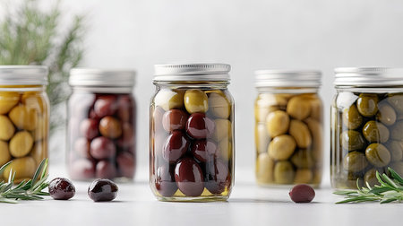 Multiple glass jars filled with different varieties of pickled olives, isolated on a white surface, highlighting the variety and freshness of the preserved olives.の素材