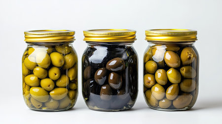 Glass jars with green, black, and mixed pickled olives, isolated on a white background, highlighting the beauty and variety of preserved olives.の素材