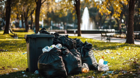 Multiple garbage bags surrounding an overflowing waste bin near a park fountain, with grass and trees framing the scene.の素材