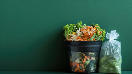 Organic waste container filled with vegetable peelings and a sealed garbage bag placed together, with a vibrant green wall as a backdrop.の素材