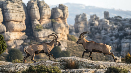 The moment of impact as two male ibexes collide with their horns in El Torcal, Antequera, with the iconic rock formations of the region in the background.の素材
