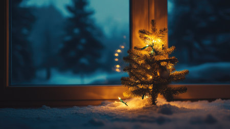 Small Christmas tree with sparkling lights and snow in the background, creating a cozy and peaceful atmosphere for the holidays.の素材