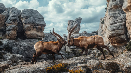 Two male ibexes battling in the unique rock formations of El Torcal, Antequera, with their horns locked in a fierce confrontation.の素材