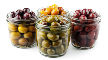 Glass jars filled with various types of pickled olives, isolated on a white background, showcasing the rich colors and textures of the olives.の素材
