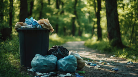Park waste disposal station with a full trash can and several garbage bags, emphasizing waste management amidst a natural setting.の素材
