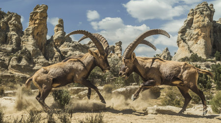 Two male Iberian ibexes locked in a fierce battle, their curved horns clashing in El Torcal, Antequera, with dramatic rock formations in the background.の素材